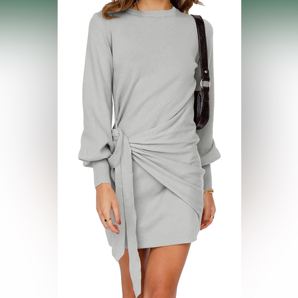 Gray Long Sleeve Sweater Dress Tie Waist Crewneck Knitted